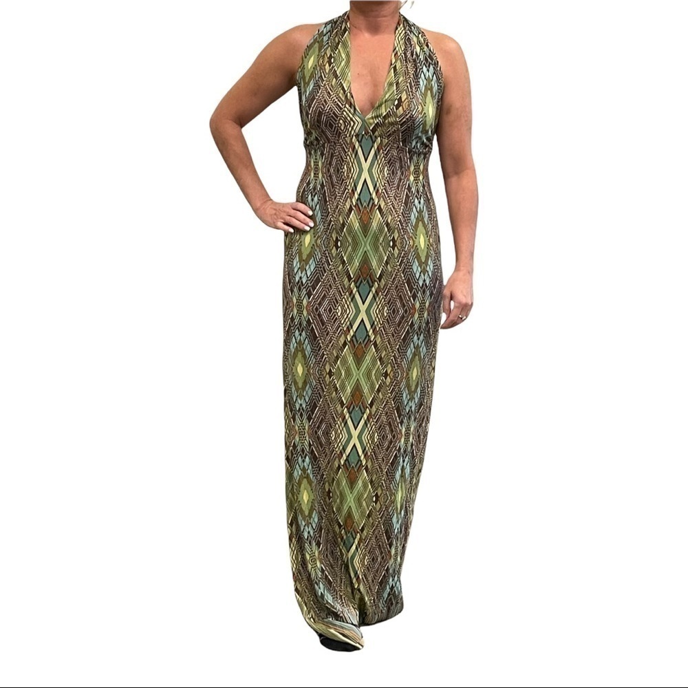 𝅺ROZAE Nichols silk halter maxi dress in boho diamond Ikat print greens/browns.